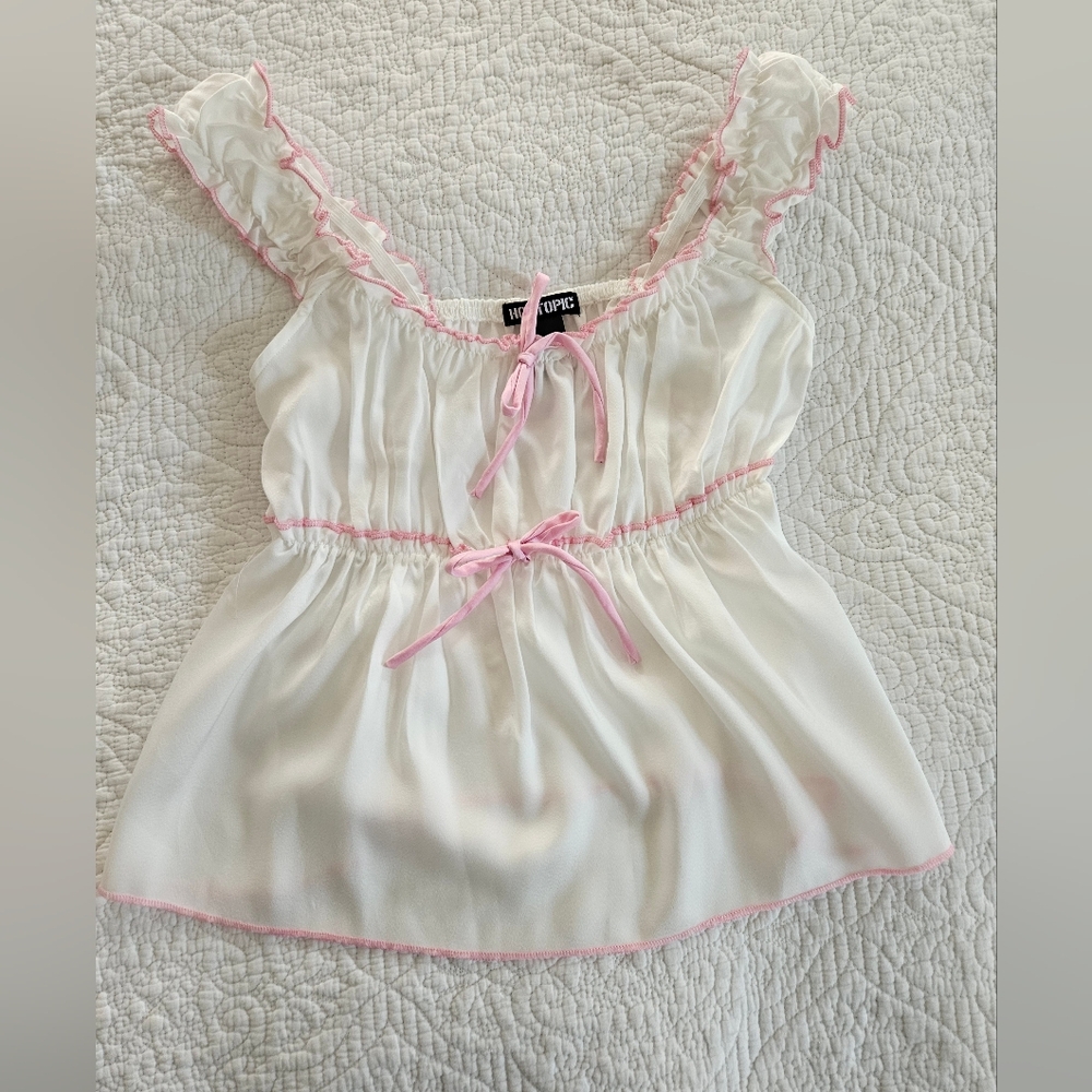 Hot Topic White Babydoll Tank Pink Bows Ruffles Small